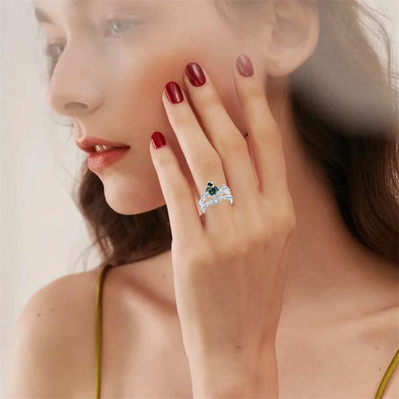 Sterling Silver Kite Cut Natural Moss Agate  Ring Set Promise Ring