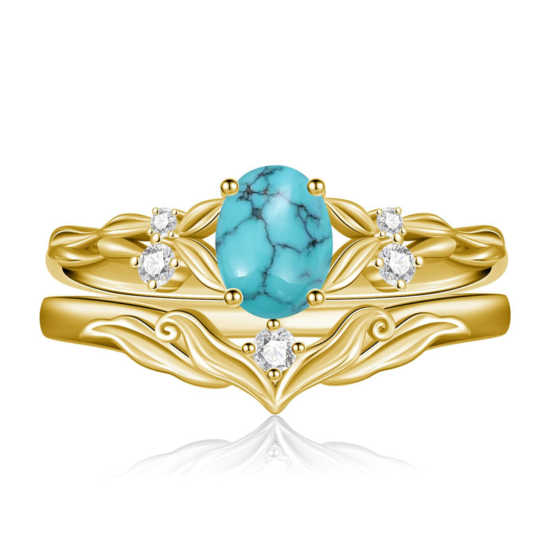 Sterling Silver 10K 14K 18K Gold  Oval Cut Unique Vine Gemstone Wedding Ring Set