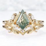 Sterling Silver 10K 14K 18K Gold  Personalized  Engraved Natural Moss Agate Engagement Bridal Wedding Ring Set