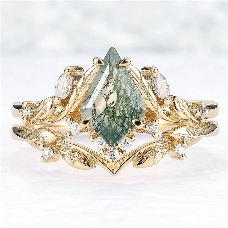 Sterling Silver 10K 14K 18K Gold  Personalized  Engraved Natural Moss Agate Engagement Bridal Wedding Ring Set