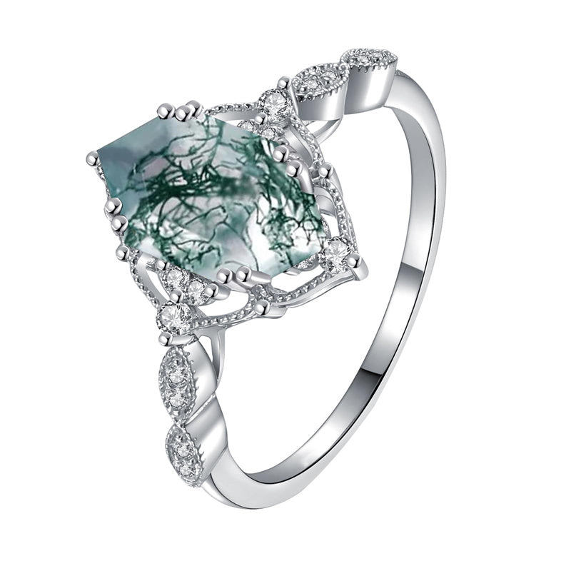 Sterling Silver Personalized Engraved Black Moss Agate Bridal Wedding Promise Engagement Ring for Women