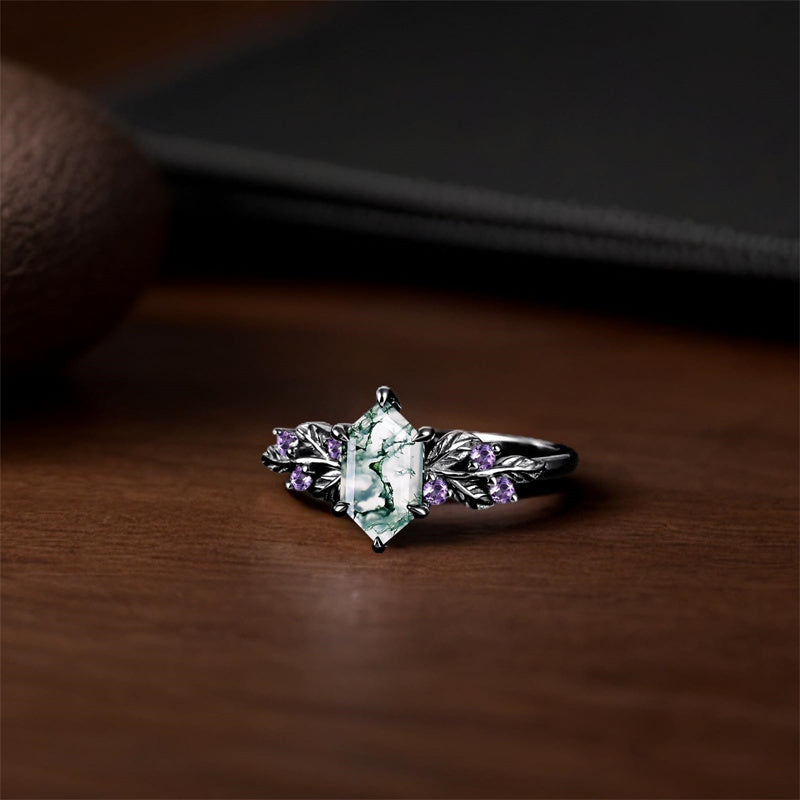 Sterling Silver 10K 14K 18K Long Hexagon Leaf Unique Vine Moss Agate Engagement Wedding Anniversary Ring Set
