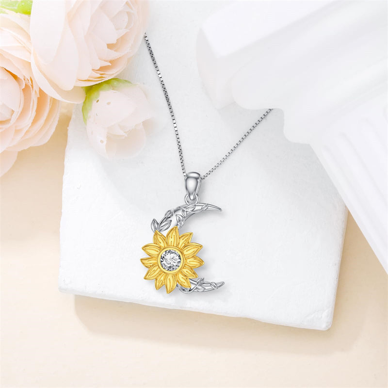 Sterling Silver Birthstone Sunflower & Moon Pendant Necklace