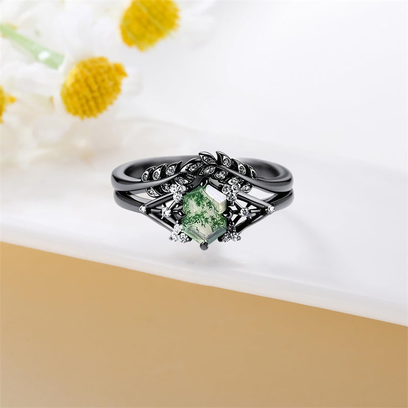 Sterling Silver Personalized  Engraved Hexagon Cut Moss Agate Engagement Wedding Ring Set for Women