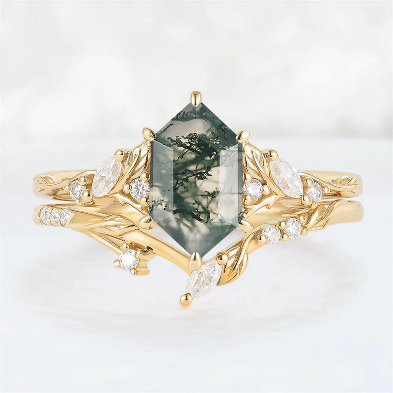 Sterling Silver 10K 14K 18K Gold  Personalized  Engraved Natural Moss Agate Engagement Bridal Wedding Ring Set