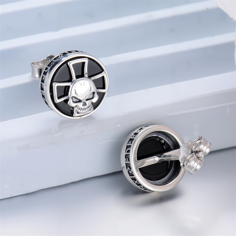 Sterling Silver Black Onyx Tree of Life Ankh Cross Skull Valknu Viking Stud Earrings