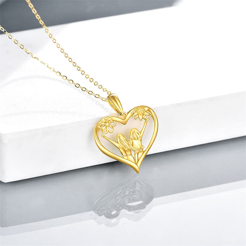 14K Yellow Gold Heart Sister Pendant Necklace