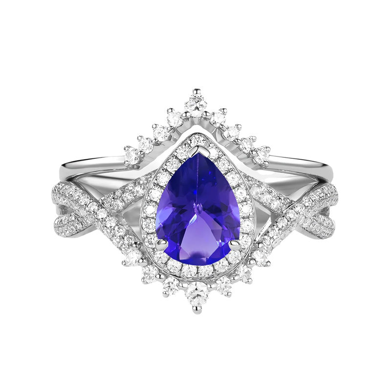 Sterling Silver 10K 14K 18K Gold  Pear Shaped Gemstone Engagement Rings Set