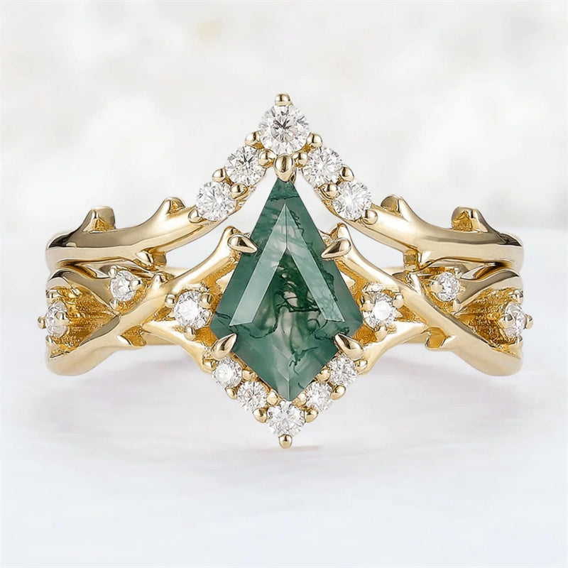 Sterling Silver 10K 14K 18K Gold  Personalized  Engraved Natural Moss Agate Engagement Bridal Wedding Ring Set