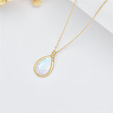 14K Gold Pear Shape TearDangle White Opal Moss Agate Pendant Necklace