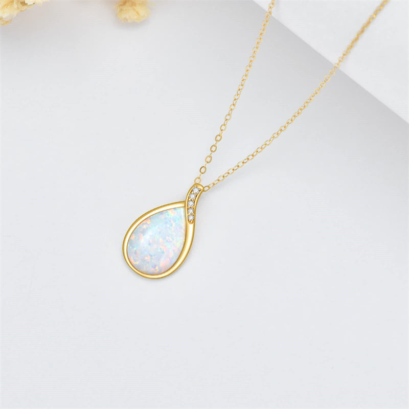 14K Gold Pear Shape TearDangle White Opal Moss Agate Pendant Necklace