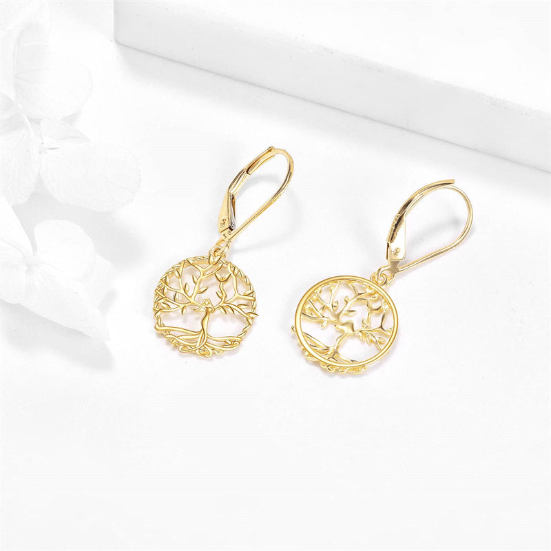 14K Gold Tree of Life Leverback Earrings