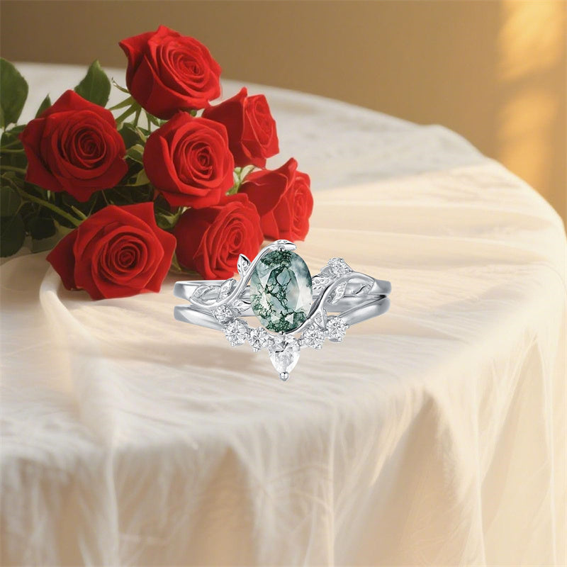 Sterling Silver Personalized Engraved Moss Agate Bridal Wedding Promise Engagement Ring Set for Women