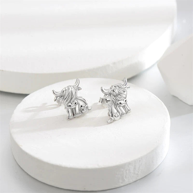 Sterling Sliver Highland Cow Stud  Dangle Earrings