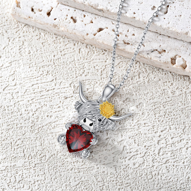 Sterling Silver Heart Birthstone Highland Cow Pendant Necklace
