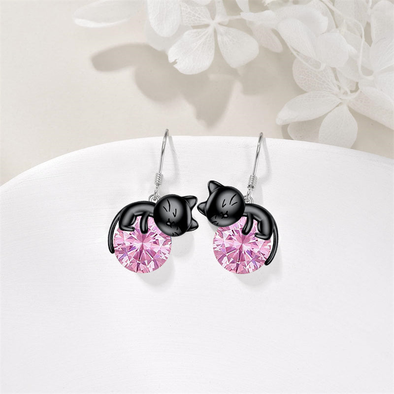 Sterling Silver Rose Quartz Birthstone Cat Dangle Earrings