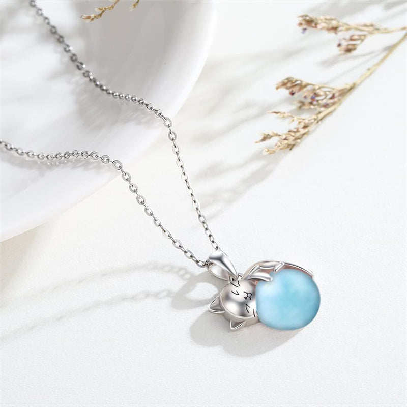 14K Gold Turquoise Larimar Labradorite Moss Agate Blue Sandstone  Cat Pendant Necklace