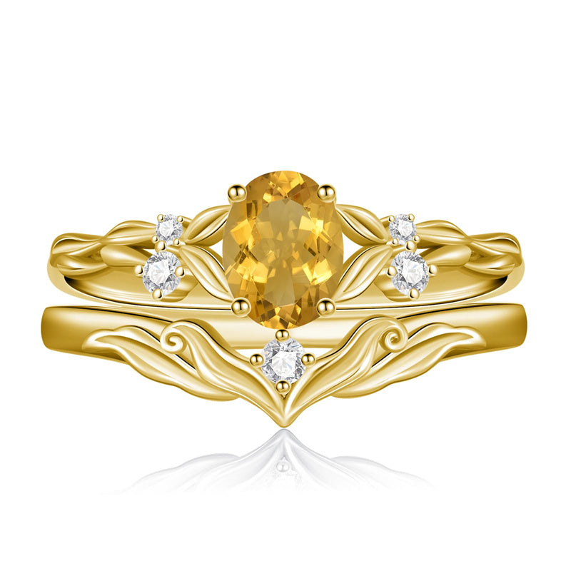 Sterling Silver 10K 14K 18K Gold  Oval Cut Unique Vine Gemstone Wedding Ring Set