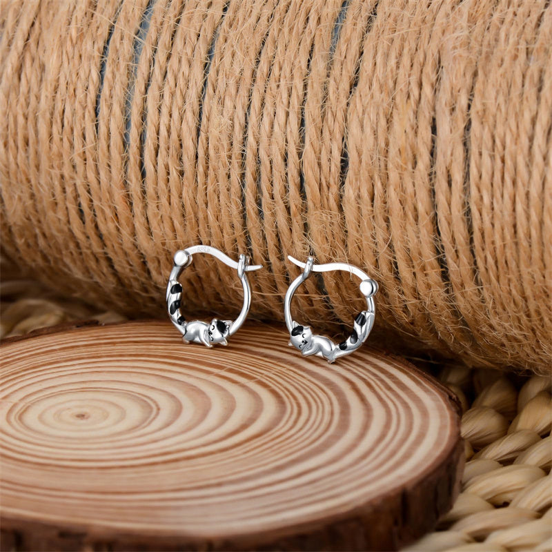 Sterling Silver Raccoon Cat Hoop Earrings