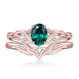 Sterling Silver 10K 14K 18K Gold  Oval Cut Unique Vine Gemstone Wedding Ring Set