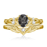 Sterling Silver 10K 14K 18K Gold  Oval Cut Unique Vine Gemstone Wedding Ring Set