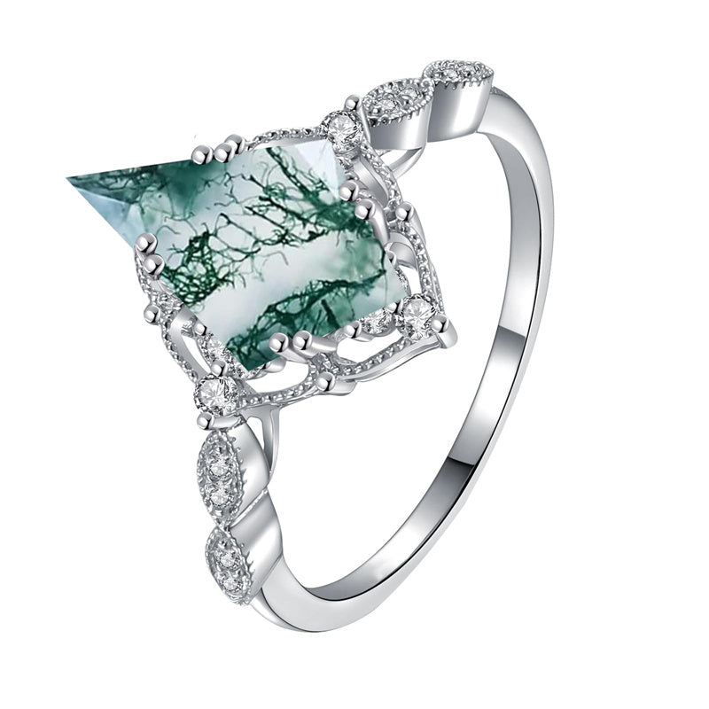 Sterling Silver Personalized Engraved Black Moss Agate Bridal Wedding Promise Engagement Ring for Women