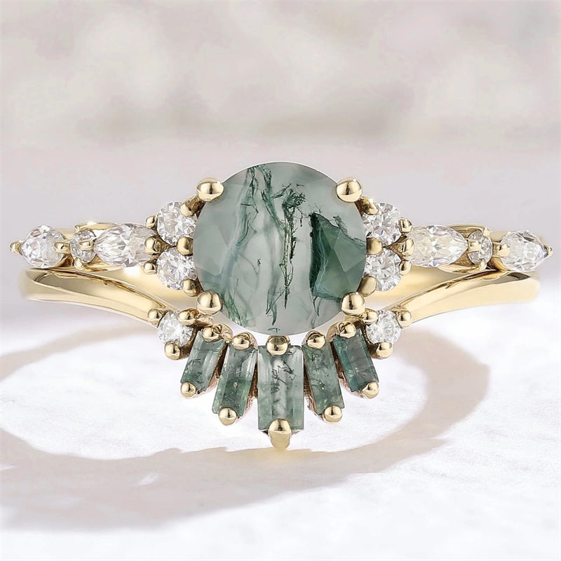 Sterling Silver 10K 14K 18K Gold  Personalized  Engraved Natural Moss Agate Engagement Bridal Wedding Ring Set