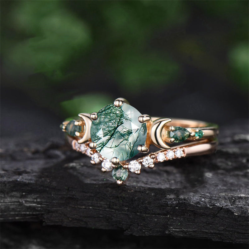 Sterling Silver 10K 14K 18K Gold 2CT Natural Moss Agate Engagement Ring Set
