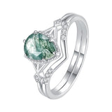 Sterling Silver Personalized Engraved Moss Agate Bridal Wedding Promise Engagement Ring Set for Women