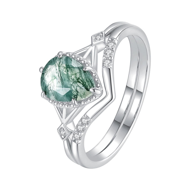 Sterling Silver Personalized Engraved Moss Agate Bridal Wedding Promise Engagement Ring Set for Women