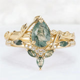 Sterling Silver 10K 14K 18K Gold  Personalized  Engraved Natural Moss Agate Engagement Bridal Wedding Ring Set