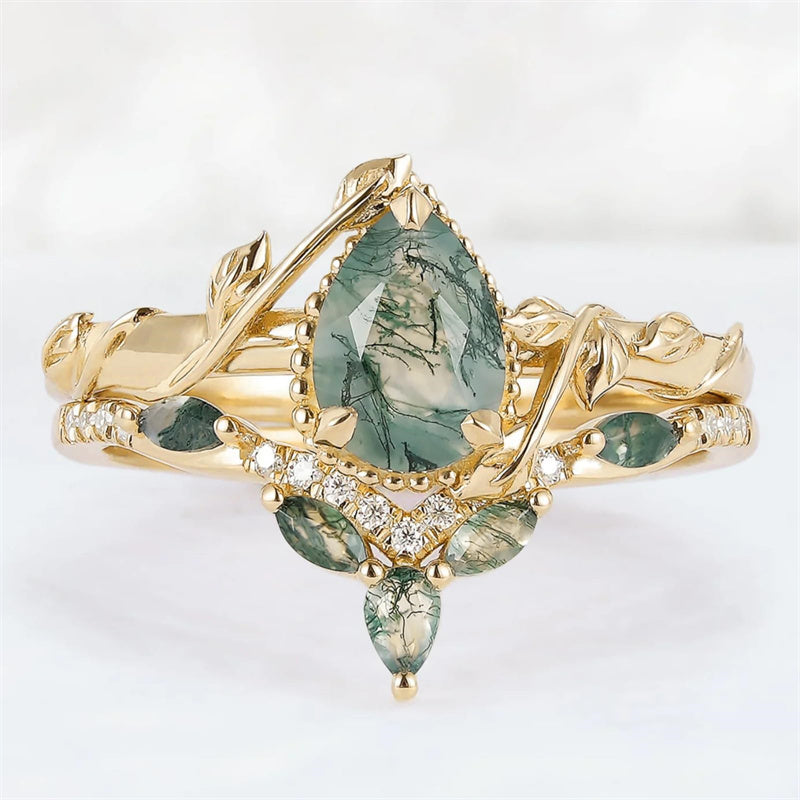 Sterling Silver 10K 14K 18K Gold  Personalized  Engraved Natural Moss Agate Engagement Bridal Wedding Ring Set