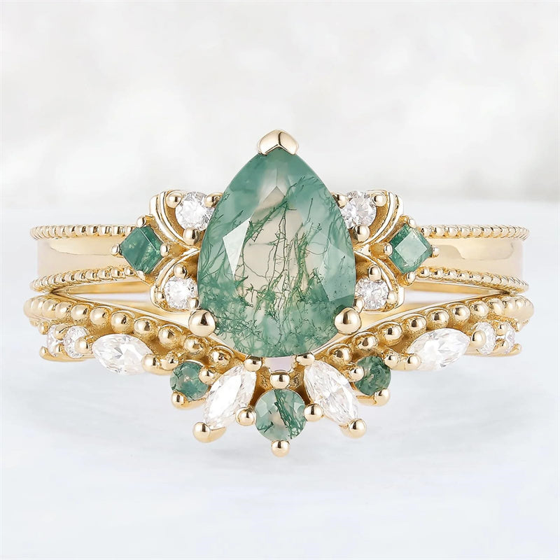 Sterling Silver 10K 14K 18K Gold  Personalized  Engraved Natural Moss Agate Engagement Bridal Wedding Ring Set