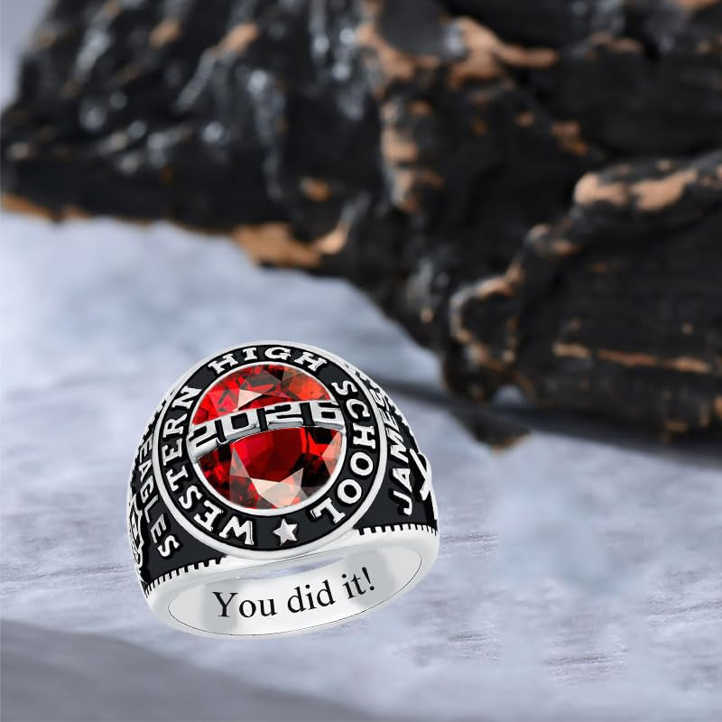 Sterling Silver Personalized Engraved Birthstone Pattern Class Ring Graduation Gift