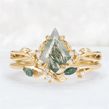 Sterling Silver 10K 14K 18K Gold  Personalized  Engraved Natural Moss Agate Engagement Bridal Wedding Ring Set