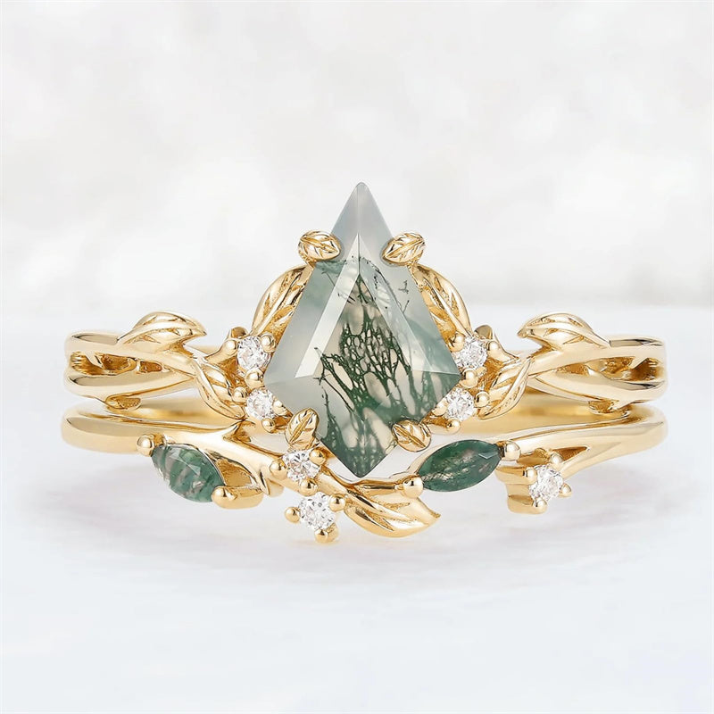Sterling Silver 10K 14K 18K Gold  Personalized  Engraved Natural Moss Agate Engagement Bridal Wedding Ring Set