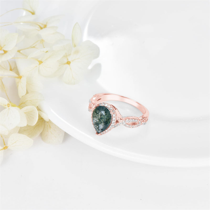 Sterling Silver Natural Moss Agate Engagement Ring