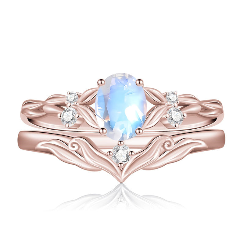 Sterling Silver 10K 14K 18K Gold  Oval Cut Unique Vine Gemstone Wedding Ring Set