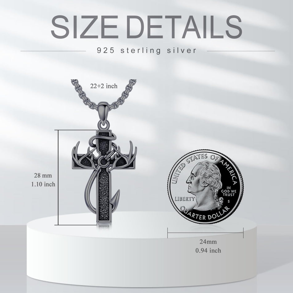 Sterling Silver Deer Antler Fish Hook & Cross Urn Necklace for Ashes