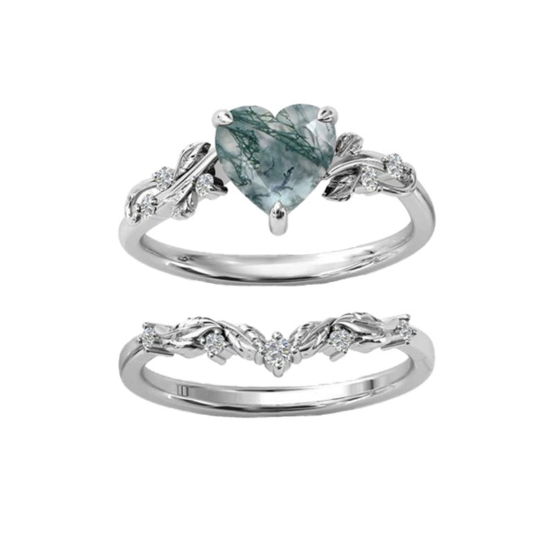 10K 14K 18K Gold Natural Moss Agate Ring Set Engagement Ring