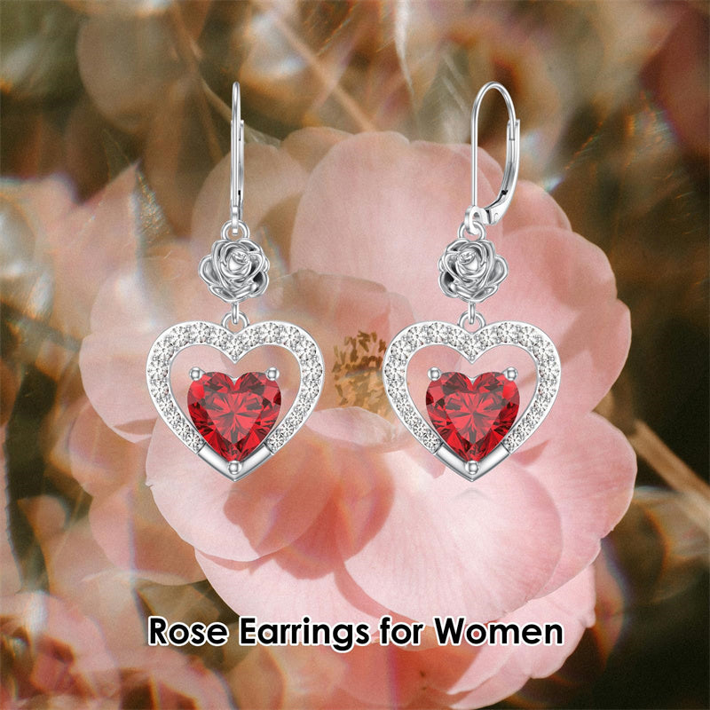 Sterling Silver Heart Cubic Zirconia Sunflower Rose Daisy Lily Lotus Hibiscus Dangle Earrings