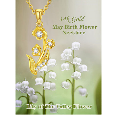 14k Real Gold Diamond Lily of the Valley Necklace  May Birth Flower Necklace Birthday Necklace Yellow Gold Jewelry Anniversary Mother's Day Gifts