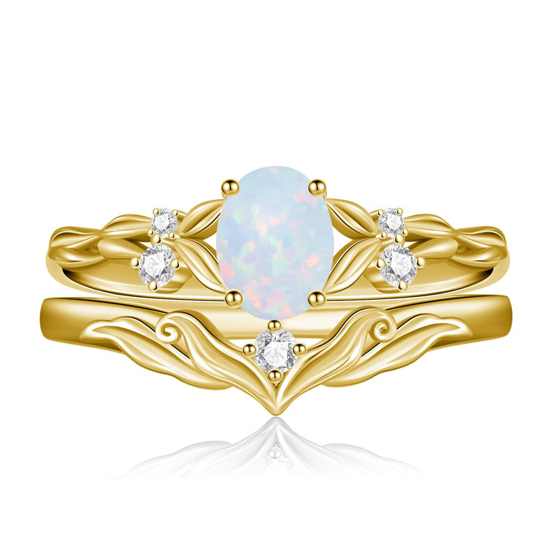 Sterling Silver 10K 14K 18K Gold  Oval Cut Unique Vine Gemstone Wedding Ring Set