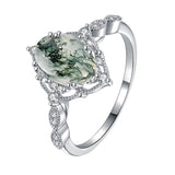 Sterling Silver Personalized Engraved Black Moss Agate Bridal Wedding Promise Engagement Ring for Women