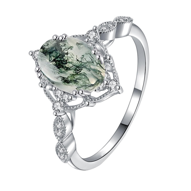 Sterling Silver Personalized Engraved Black Moss Agate Bridal Wedding Promise Engagement Ring for Women