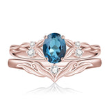 Sterling Silver 10K 14K 18K Gold  Oval Cut Unique Vine Gemstone Wedding Ring Set