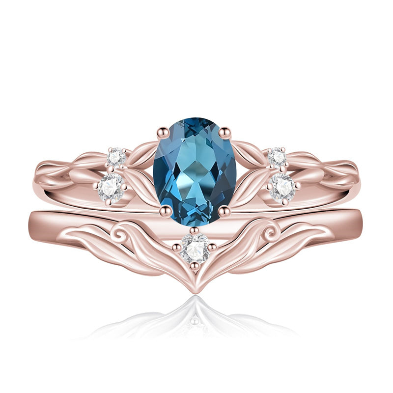 Sterling Silver 10K 14K 18K Gold  Oval Cut Unique Vine Gemstone Wedding Ring Set