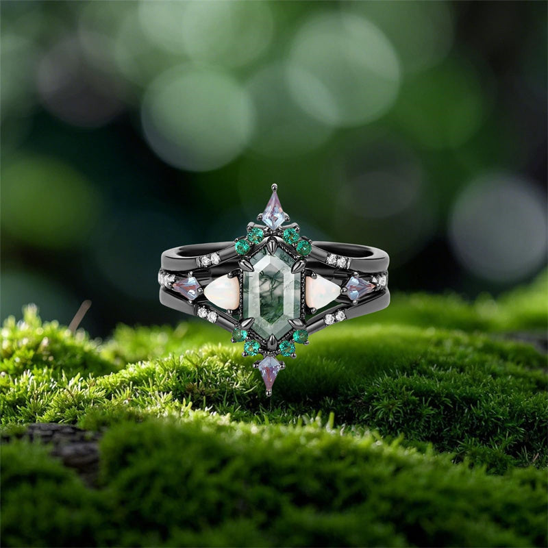 Sterling Silver 10K 14K 18K Gold  Personalized  Engraved Pear Kite Round Cut Moss Agate Engagement Ring Set