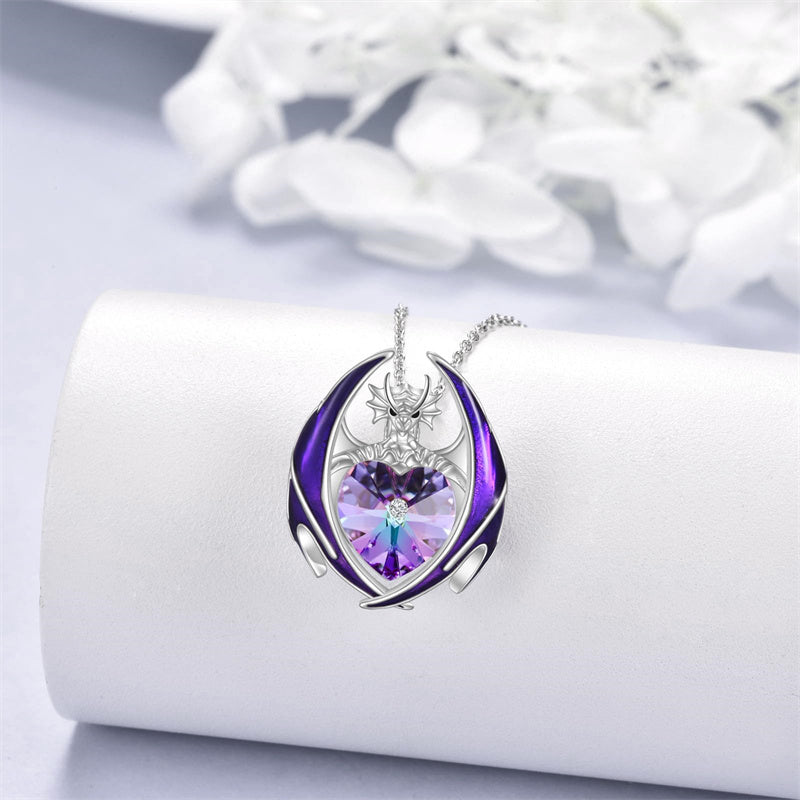 Sterling Silver Heart Shaped Crystal Birthstone Dragon Pendant Necklace