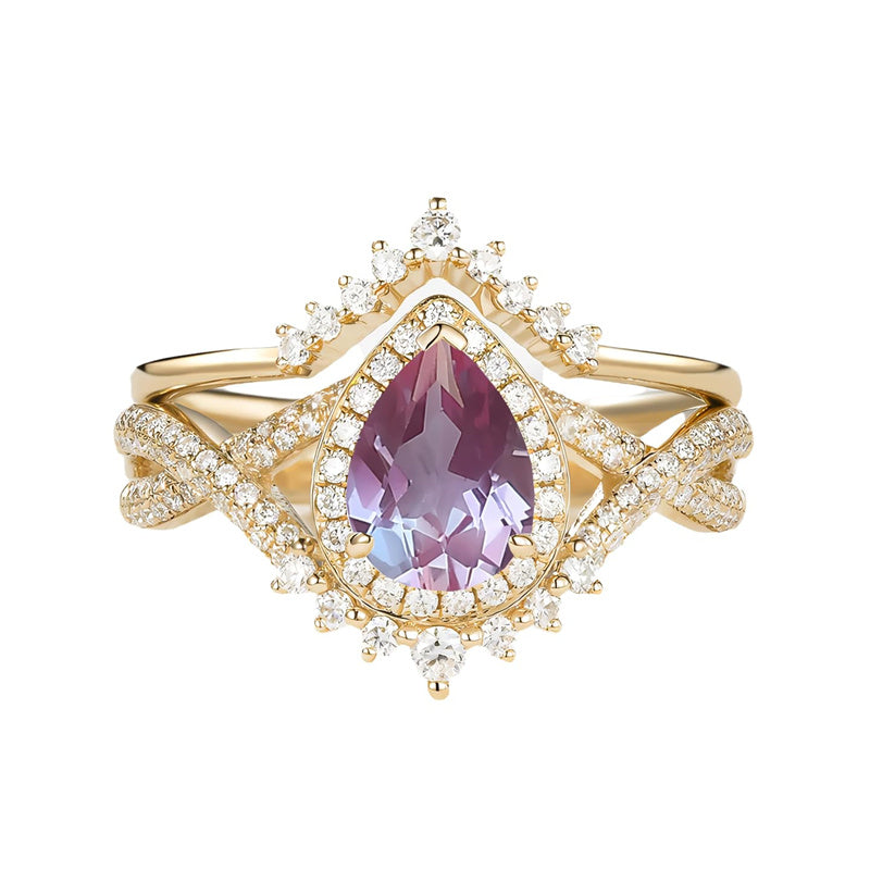 Sterling Silver 10K 14K 18K Gold  Pear Shaped Gemstone Engagement Rings Set